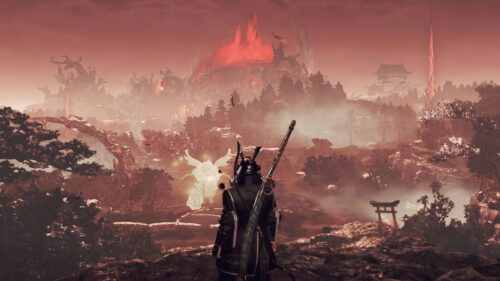 Samurai overlooking a mystical red landscape Desktop Wallpaper