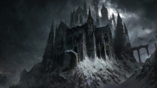 Dark Snowy Mountain Gothic Castle Desktop Wallpaper