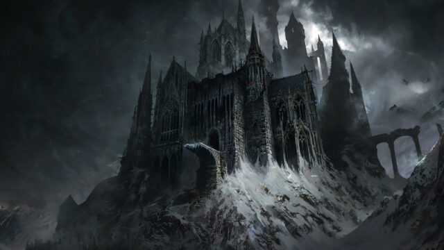 Dark Snowy Mountain Gothic Castle Desktop Wallpaper
