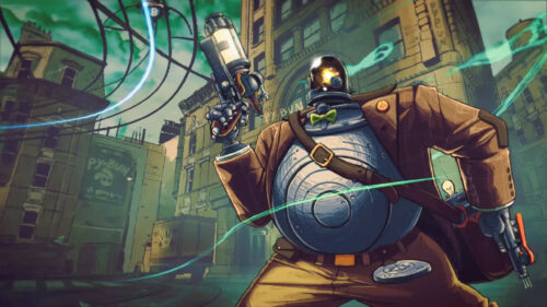 Steampunk Robot Detective with Futuristic Pistol Desktop Wallpaper