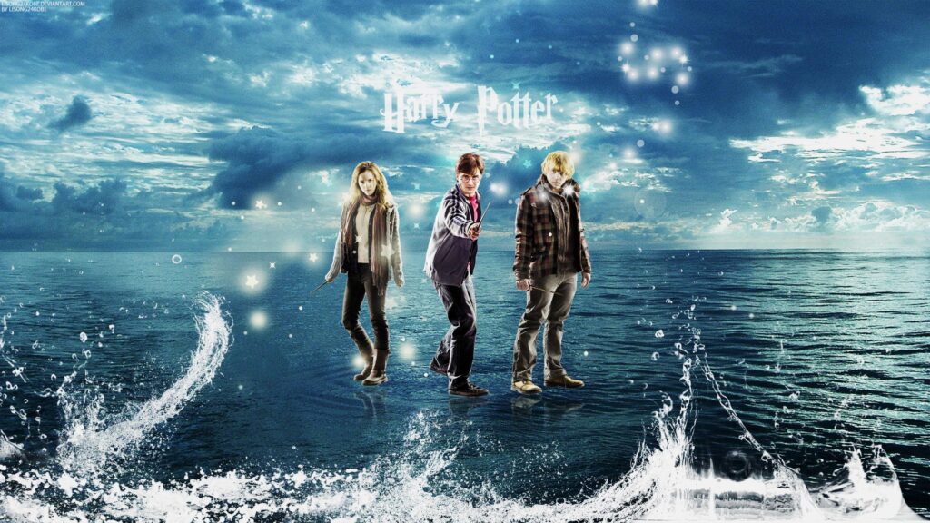 Harry Potter Trio Standing on Ocean Surface Desktop Wallpaper