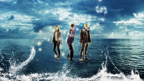 Harry Potter Trio Standing on Ocean Surface Desktop Wallpaper
