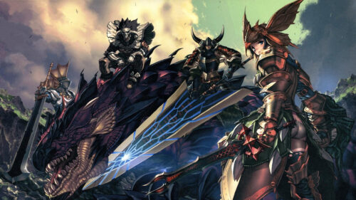 Fantasy Warriors and Dragon Battle Scene Desktop Wallpaper