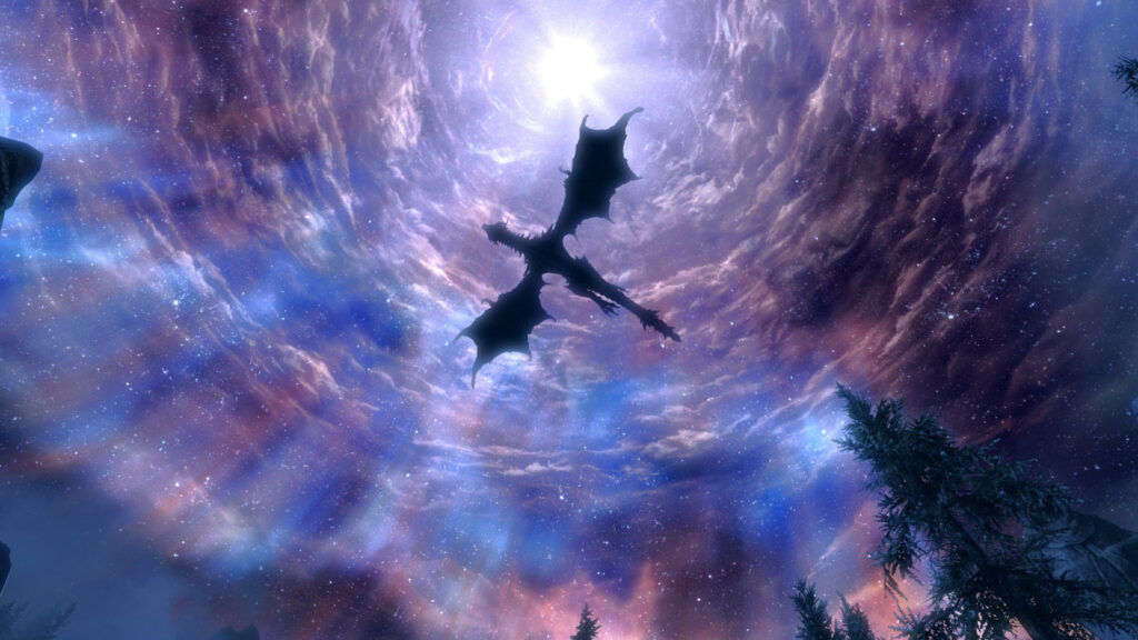 Skyrim Dragon Against Nebula Sky Desktop Wallpaper