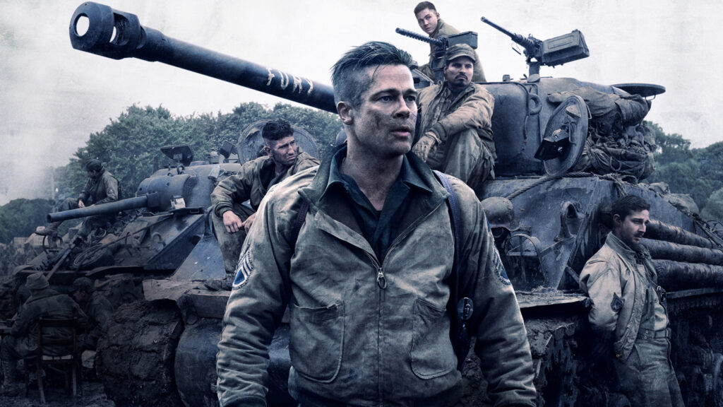 Brad Pitt in Fury War Movie Tank Scene Desktop Wallpaper
