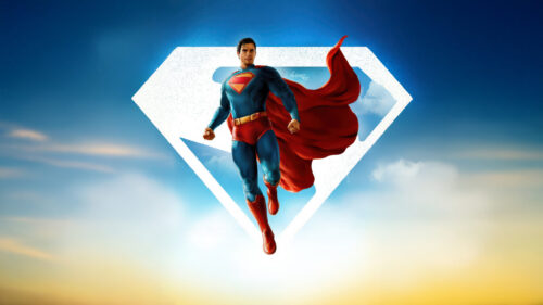 Heroic Superman Flying against Cloudscape Desktop Wallpaper