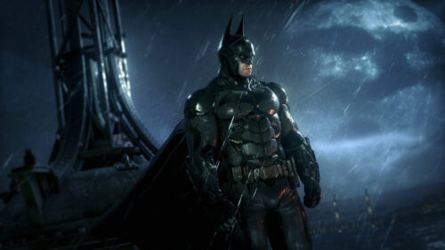 Batman Standing in the Rain Amidst a Stormy Night PC Wallpaper