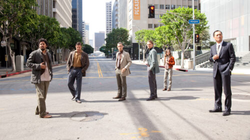 Inception Movie Cast Walking on Downtown Street Desktop Wallpaper