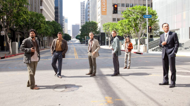 Inception Movie Cast Walking on Downtown Street Desktop Wallpaper