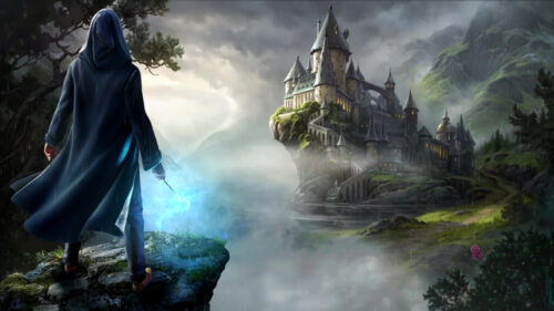 Wizard Casting Spell at Fantasy Castle Desktop Wallpaper