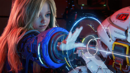 Futuristic Girl Interacting with Holographic Tech Desktop Wallpaper