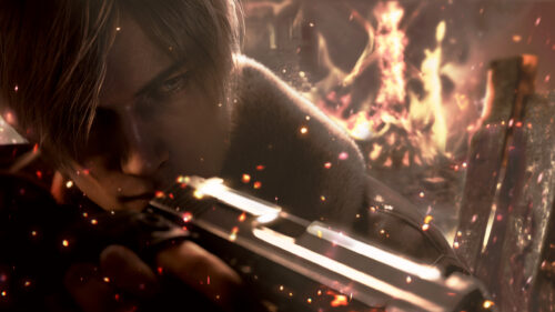 Leon S. Kennedy Aiming Gun In Fire Desktop Wallpaper