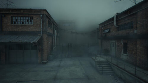 Eerie Industrial Alleyway Foggy Atmosphere 4K Wallpaper