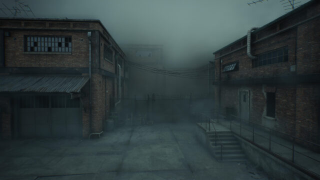 Eerie Industrial Alleyway Foggy Atmosphere 4K Wallpaper