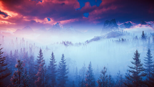 Snowy Mountain Forest at Sunset PC Wallpaper