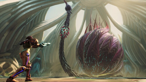 Samus Aran Facing a Bioluminescent Plant Boss Desktop Wallpaper
