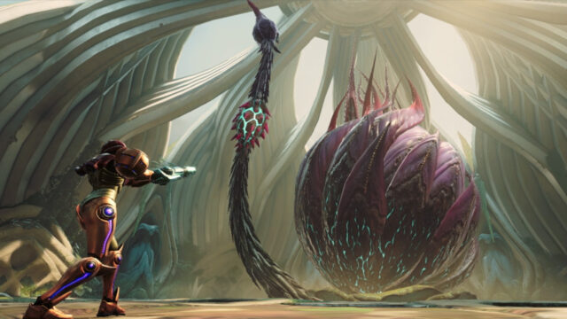 Samus Aran Facing a Bioluminescent Plant Boss Desktop Wallpaper