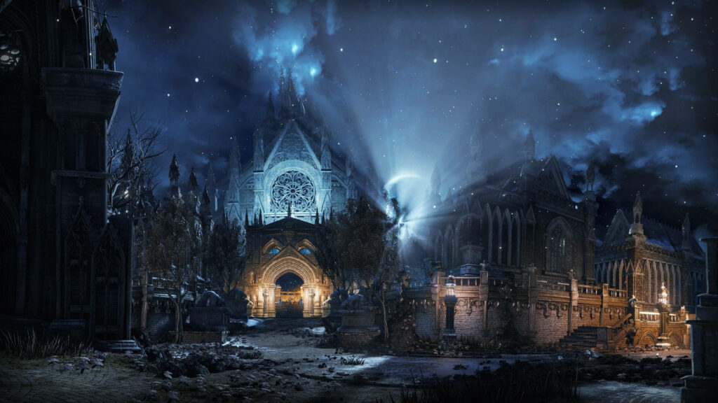 Enchanting Dark Gothic Cathedral Nightscape Desktop Wallpaper