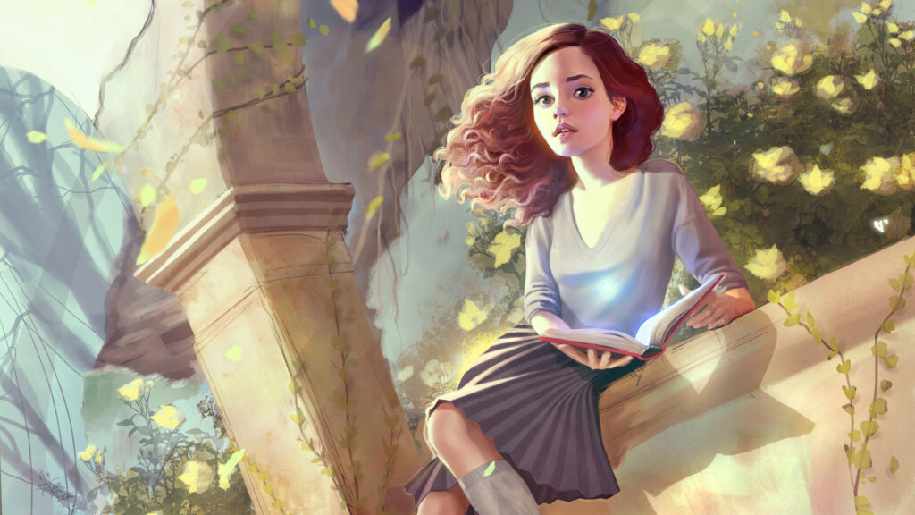 Magical Girl Reading a Glowing Book 4K Desktop Wallpaper