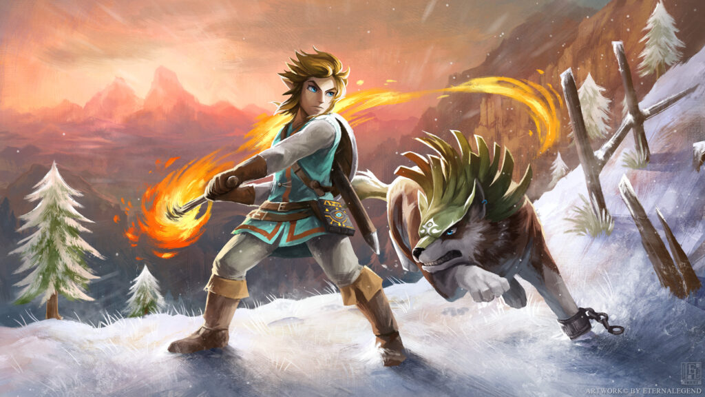 Link and Wolf Link Winter Scene Desktop Wallpaper