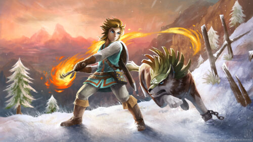 Link and Wolf Link Winter Scene Desktop Wallpaper