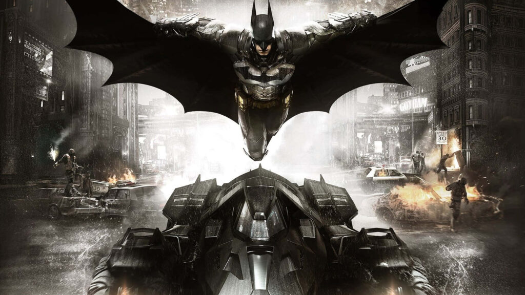 Batman Arkham Knight Gliding Over Batmobile Desktop Wallpaper