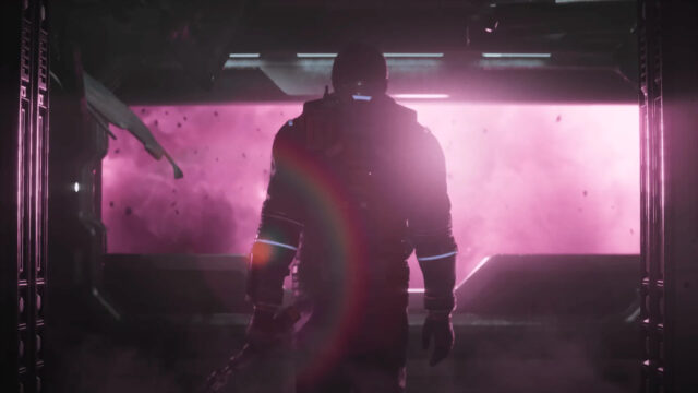 Sci-Fi Soldier Standing in Pink Nebula Corridor Desktop Wallpaper