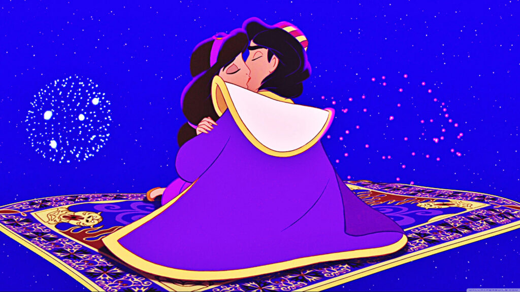 Aladdin and Jasmine Kissing Under Fireworks Desktop Wallpaper