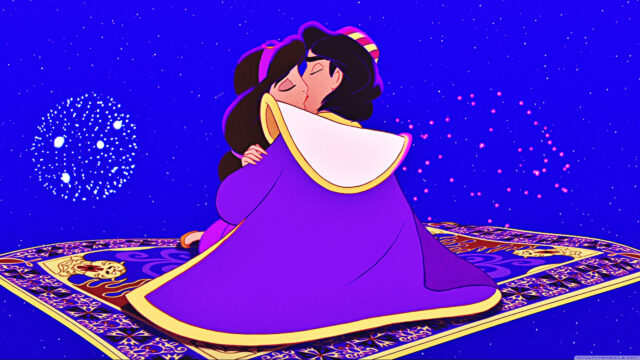 Aladdin and Jasmine Kissing Under Fireworks Desktop Wallpaper