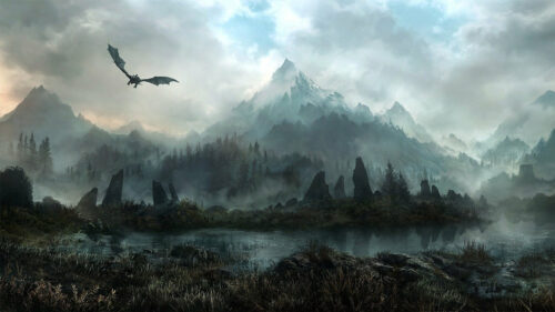 High Fantasy Mountain Landscape Dragon Desktop Wallpaper