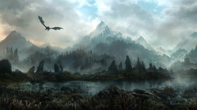 High Fantasy Mountain Landscape Dragon Desktop Wallpaper