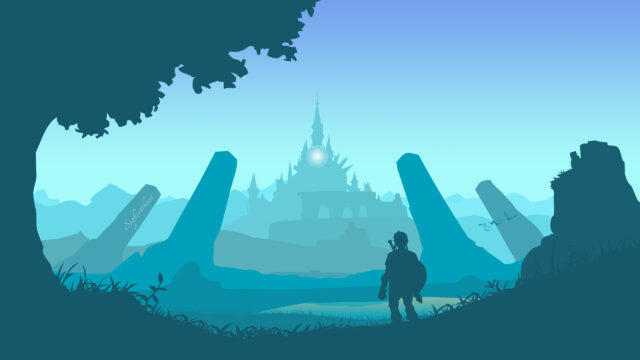 Minimalist Silhouette Link at Hyrule Castle PC Wallpaper