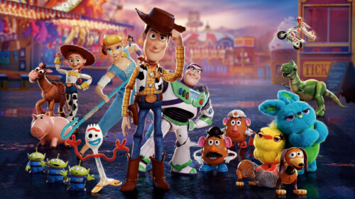 Toy Story 4 Cast Standing at a Carnival Desktop Wallpaper