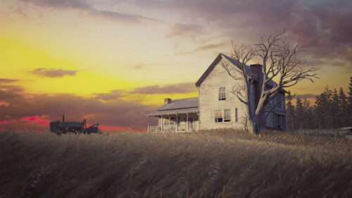 Rustic Farmhouse at Sunset 4K Wallpaper