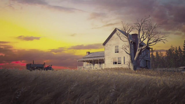 Rustic Farmhouse at Sunset 4K Wallpaper