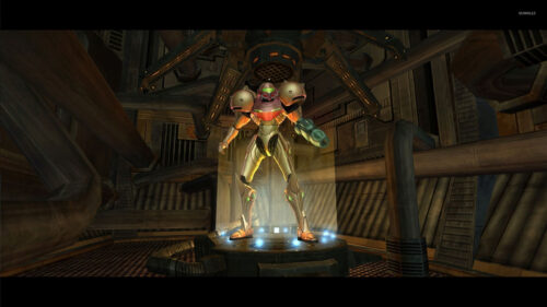 Samus Aran Standing on a Platform in Metroid Prime PC Wallpaper