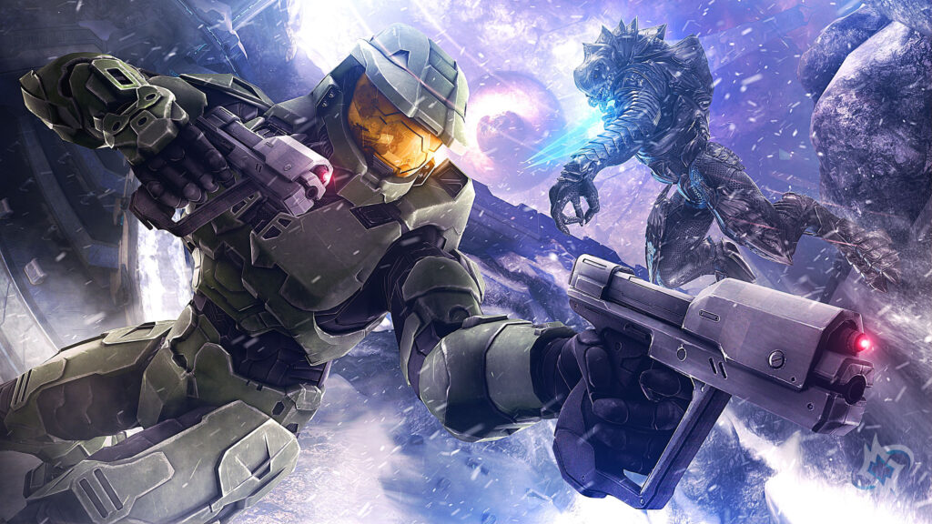 Master Chief Fighting Sangheili Elite 4K Desktop Wallpaper