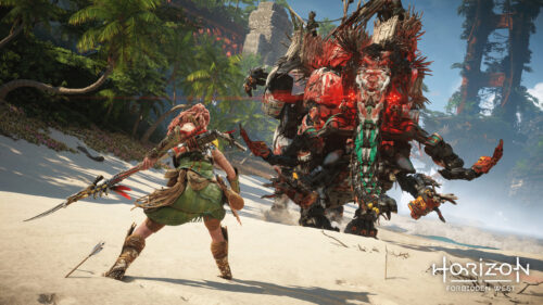 Aloy Facing Tremortusk in Horizon Forbidden West Desktop Wallpaper