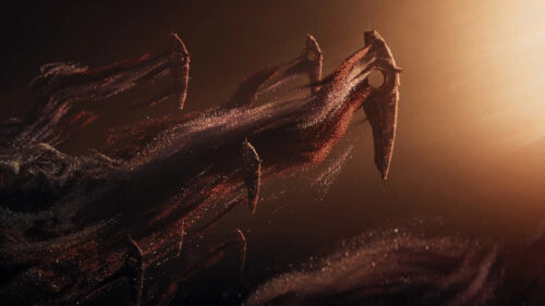 Sci-fi Dark Floating Fleet in Cosmic Dust Desktop Wallpaper