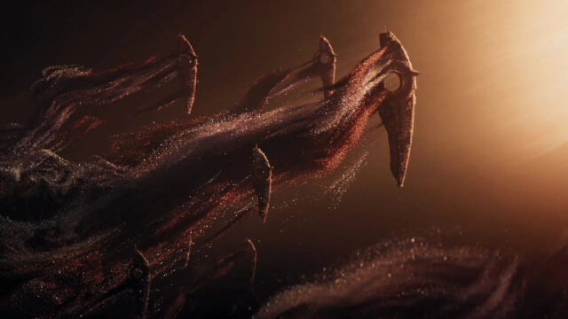 Sci-fi Dark Floating Fleet in Cosmic Dust Desktop Wallpaper