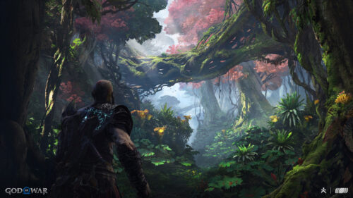 Kratos in a Lush Mythical Forest God of War PC Wallpaper