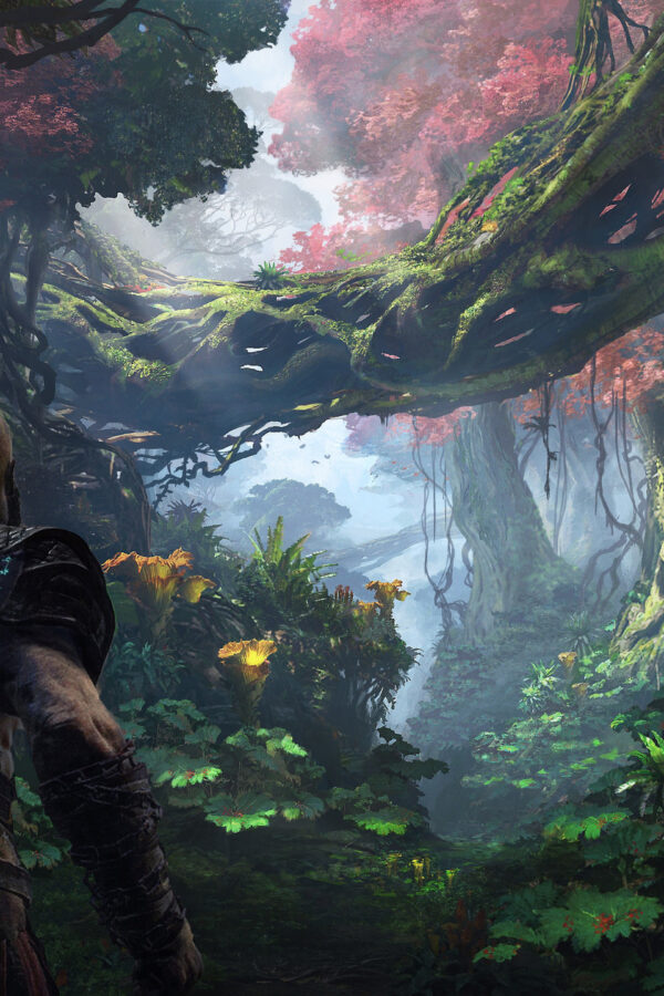 Kratos in a Lush Mythical Forest God of War PC Wallpaper
