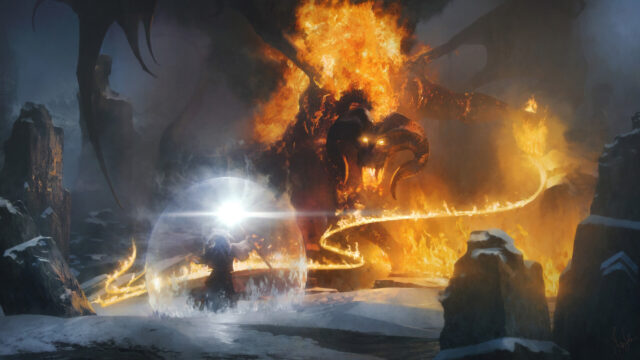 Gandalf Confronting a Balrog Fantasy Desktop Wallpaper