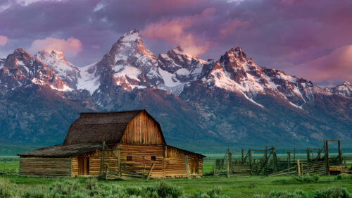 Grand Teton Mountains and Historic Barn Desktop Wallpaper