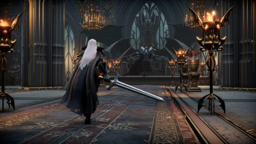 Dark Fantasy Knight Approaching a Throne Room Desktop Wallpaper