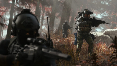 Tactical Squad Patrol in Autumn Forest Desktop Wallpaper