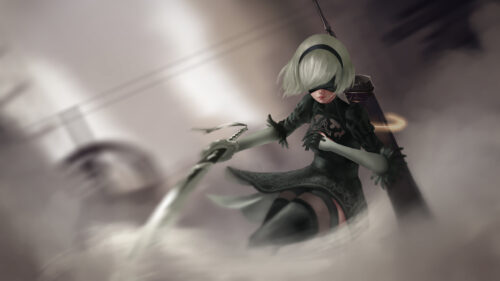 2B Combat Stance Anime Character Desktop Wallpaper