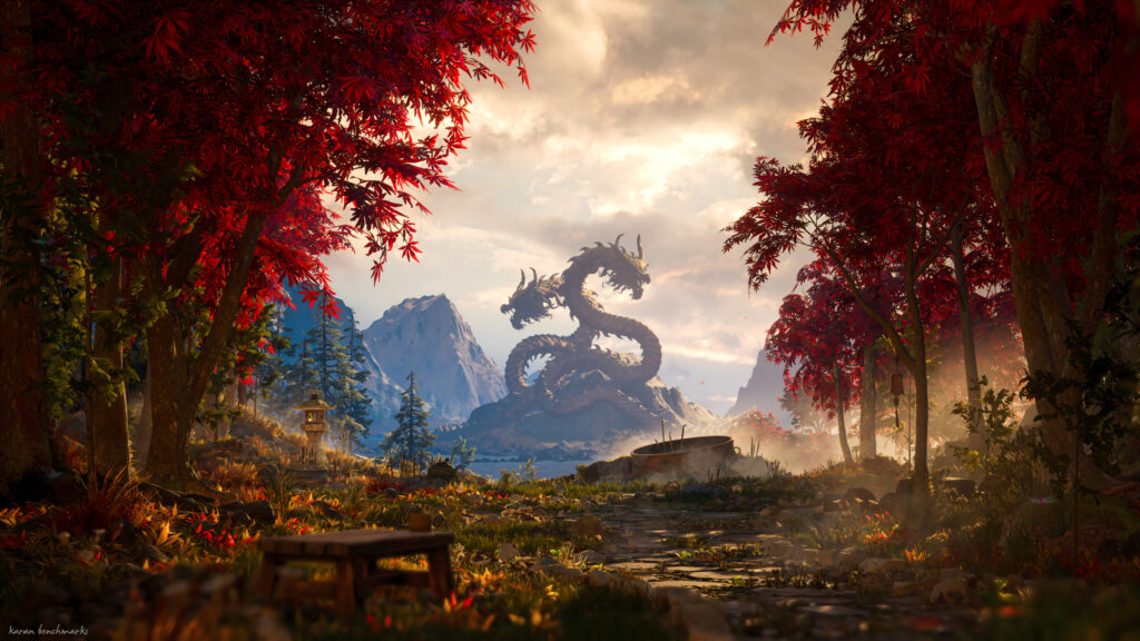 Mystical Dragon Guardian in Red Autumn Forest 8K Desktop Wallpaper