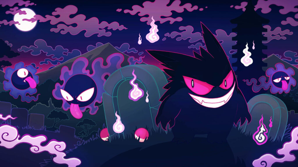 Gengar and Gastly Graveyard Anime Style 4K Desktop Wallpaper