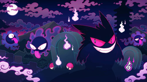 Gengar and Gastly Graveyard Anime Style 4K Desktop Wallpaper